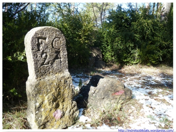 Segona pedra de terme venint del Coll de Baubs. Darrere seu la estela funerària